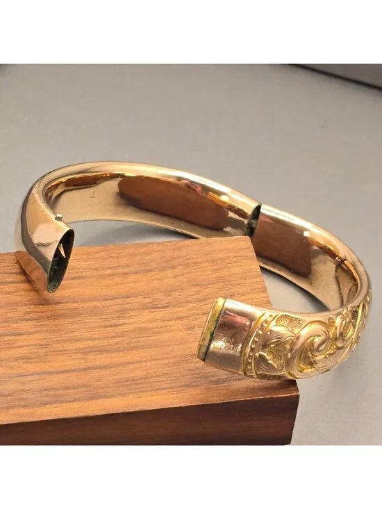 Victorian Gold Filled Scrolled Hinged Bangle Bracelet 7" Heavyweight Signed 37g - Picture 11 of 16